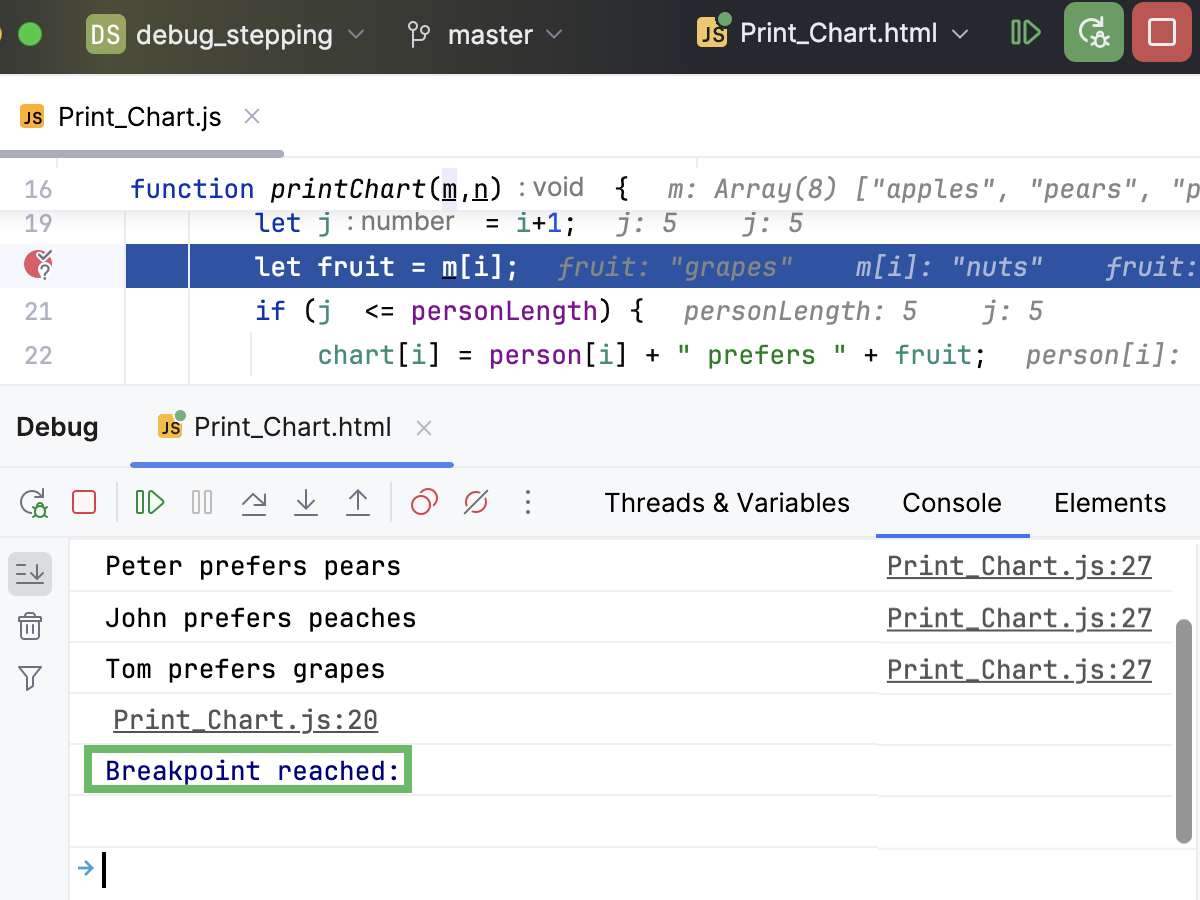 Conditional breakpoint is hit, which is logged in the Console tab