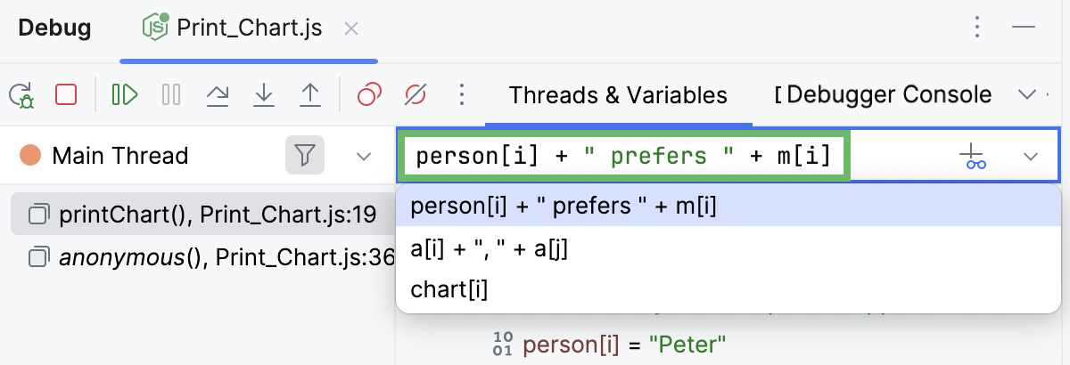 Expression in the Variables tab