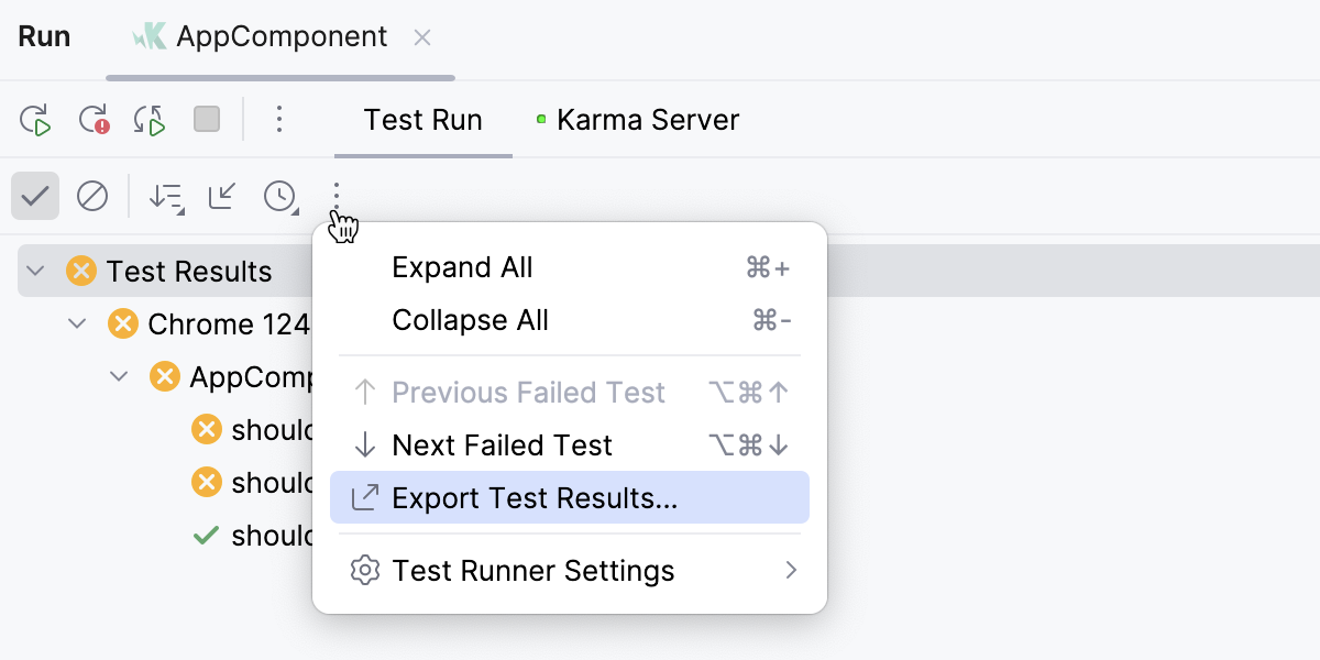 Using the test results toolbar to export test results