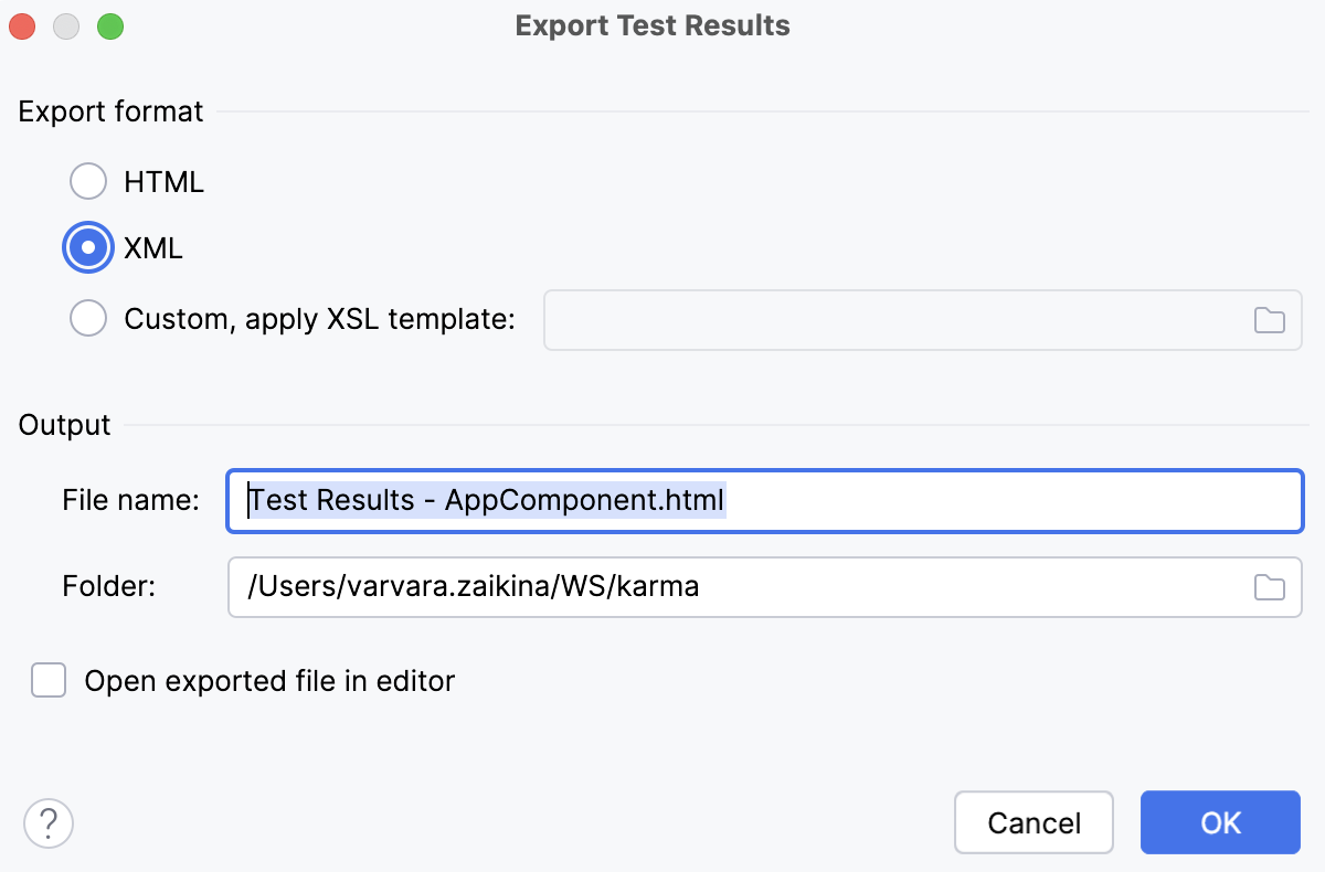 Export test results to a file