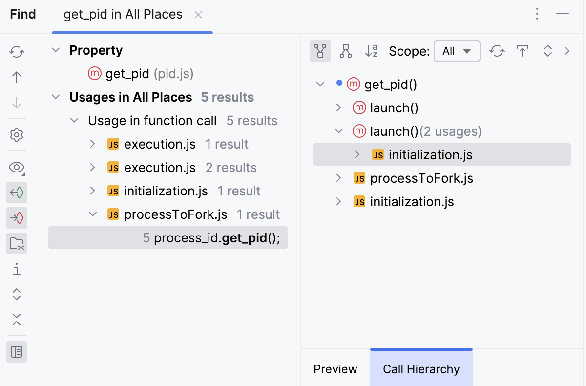 Find tool window preview area: Call hierarchy