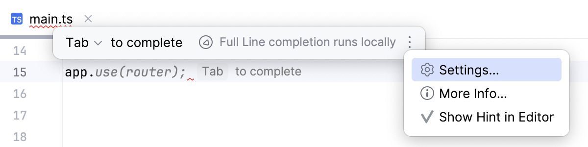 Full Line completion open: open settings