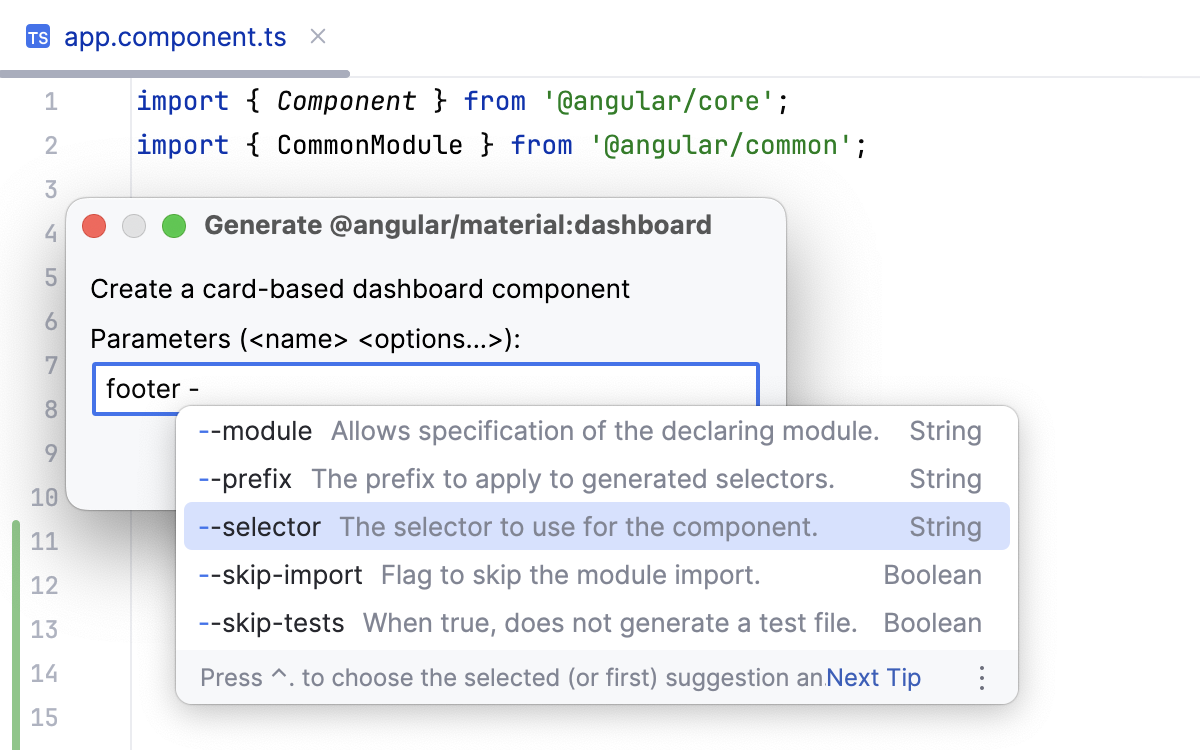 Generating Angular CLI schematic: code completion and description is provided