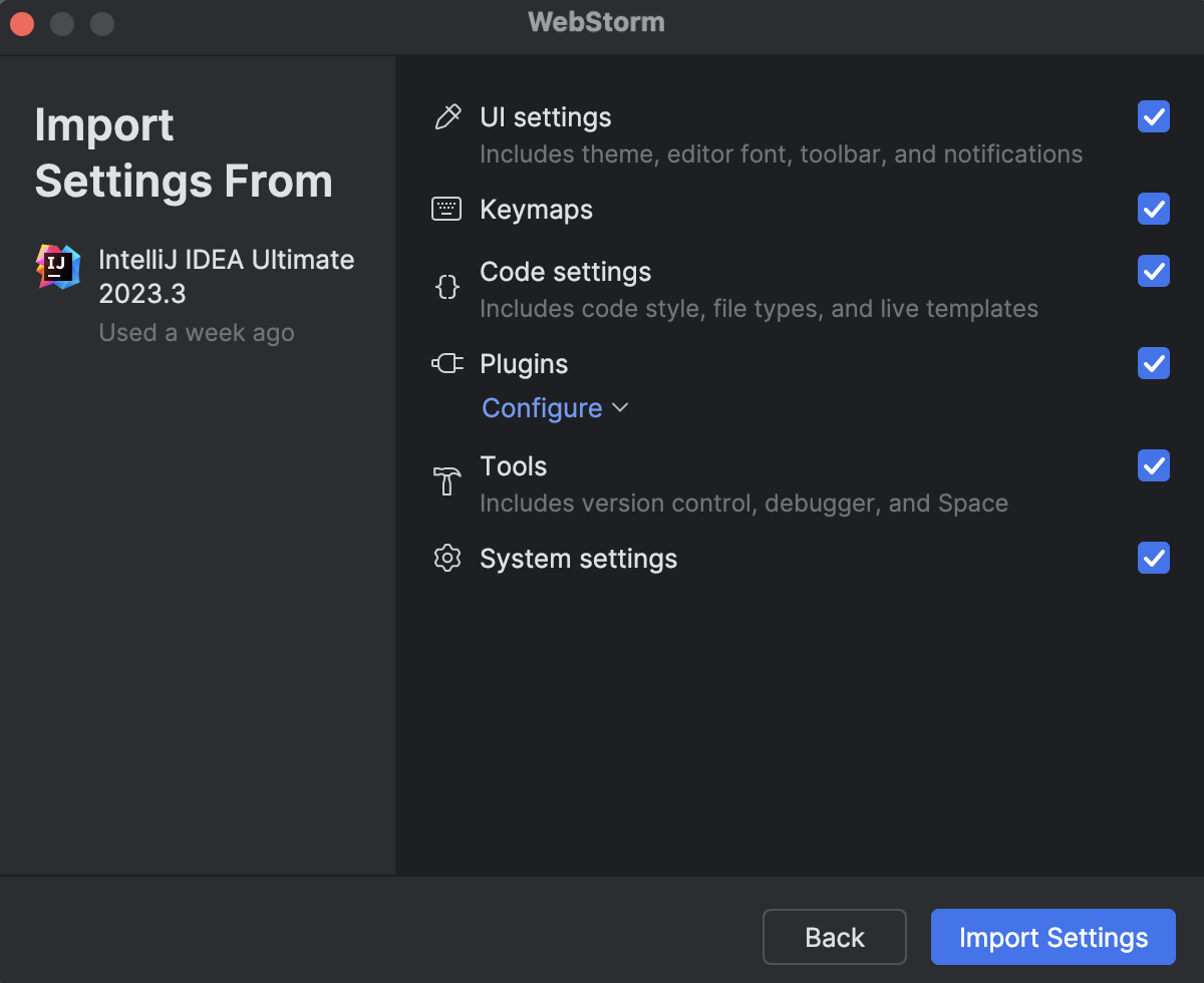 JetBrains IDE settings selection