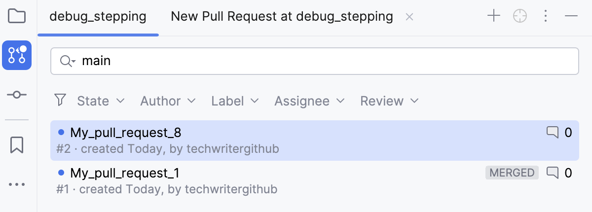 GitHub Pull Requests tool window