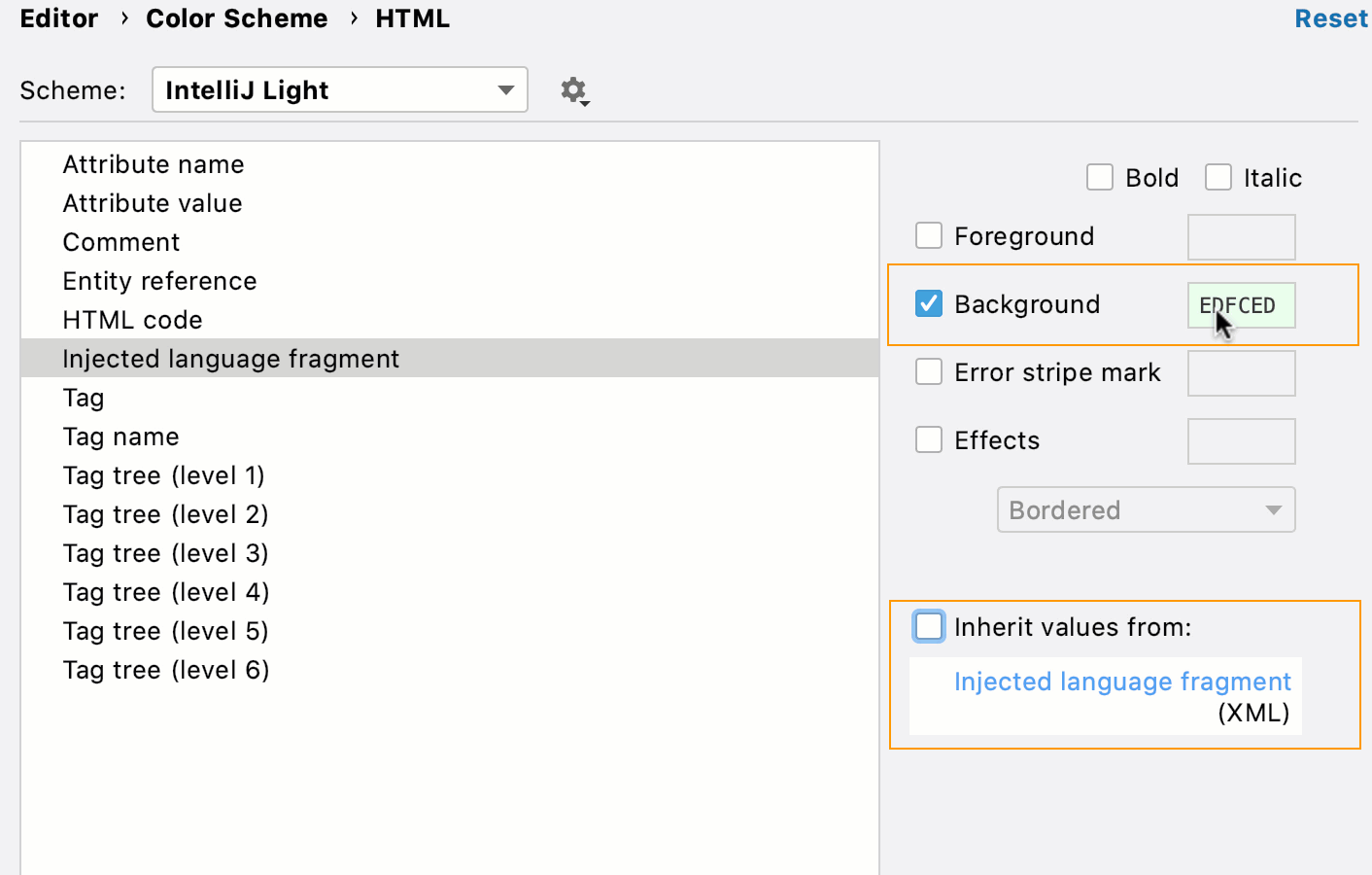 Configuring custom background for language injections