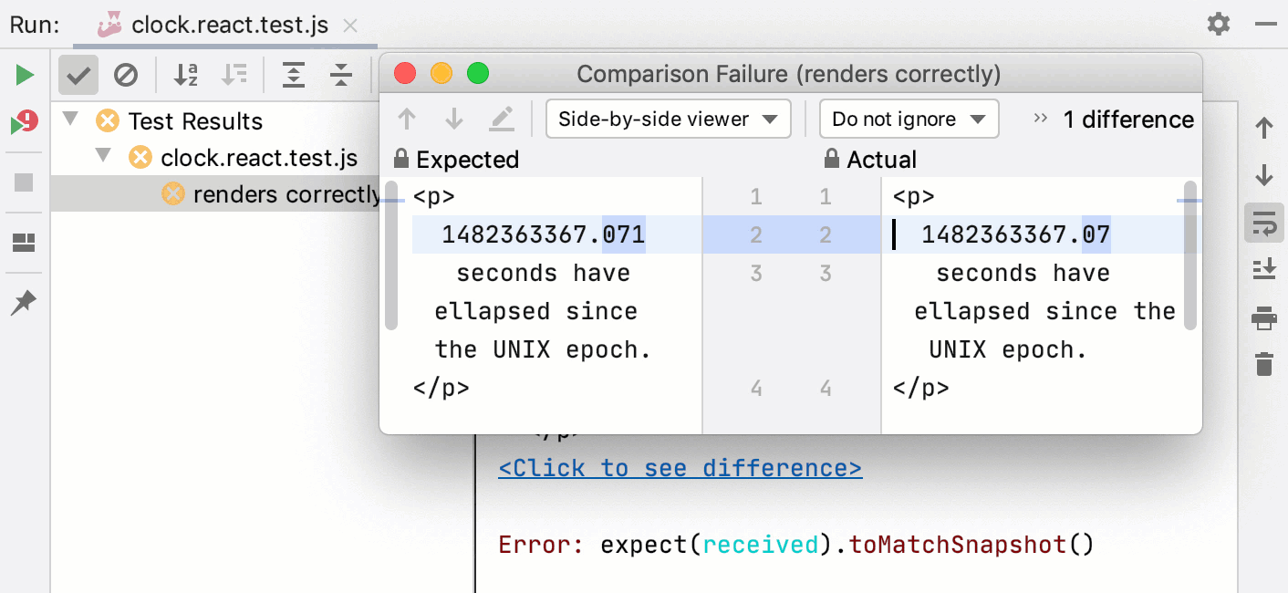 Jest snapshots: compare the expected and actual snapshots in the WebStorm Diff Viewer