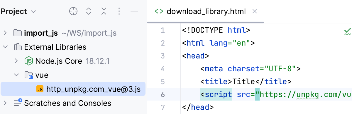 Downloaded CDN library is shown under the External Libraries node