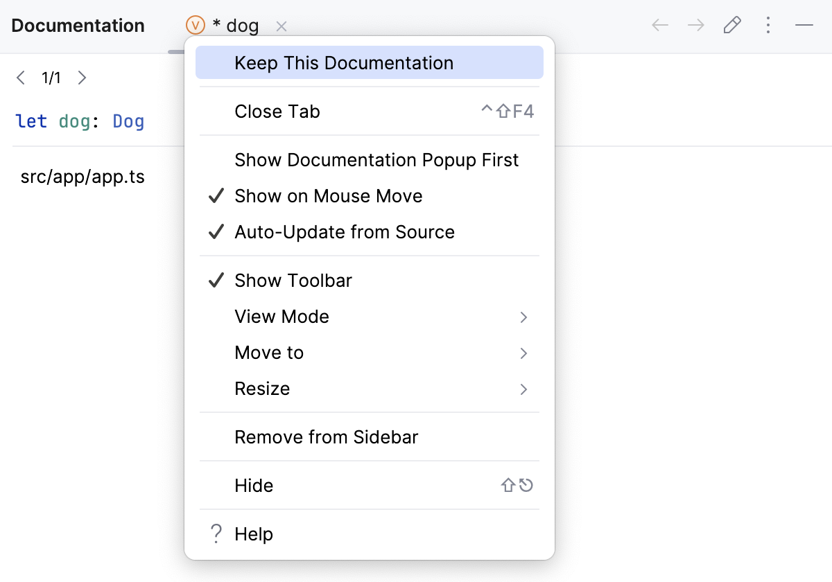 Keep Quick Documentation in tool window