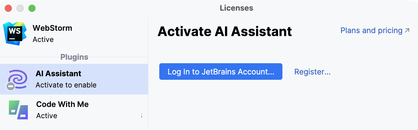 Licenses dialog with an option to log in to JetBrains account