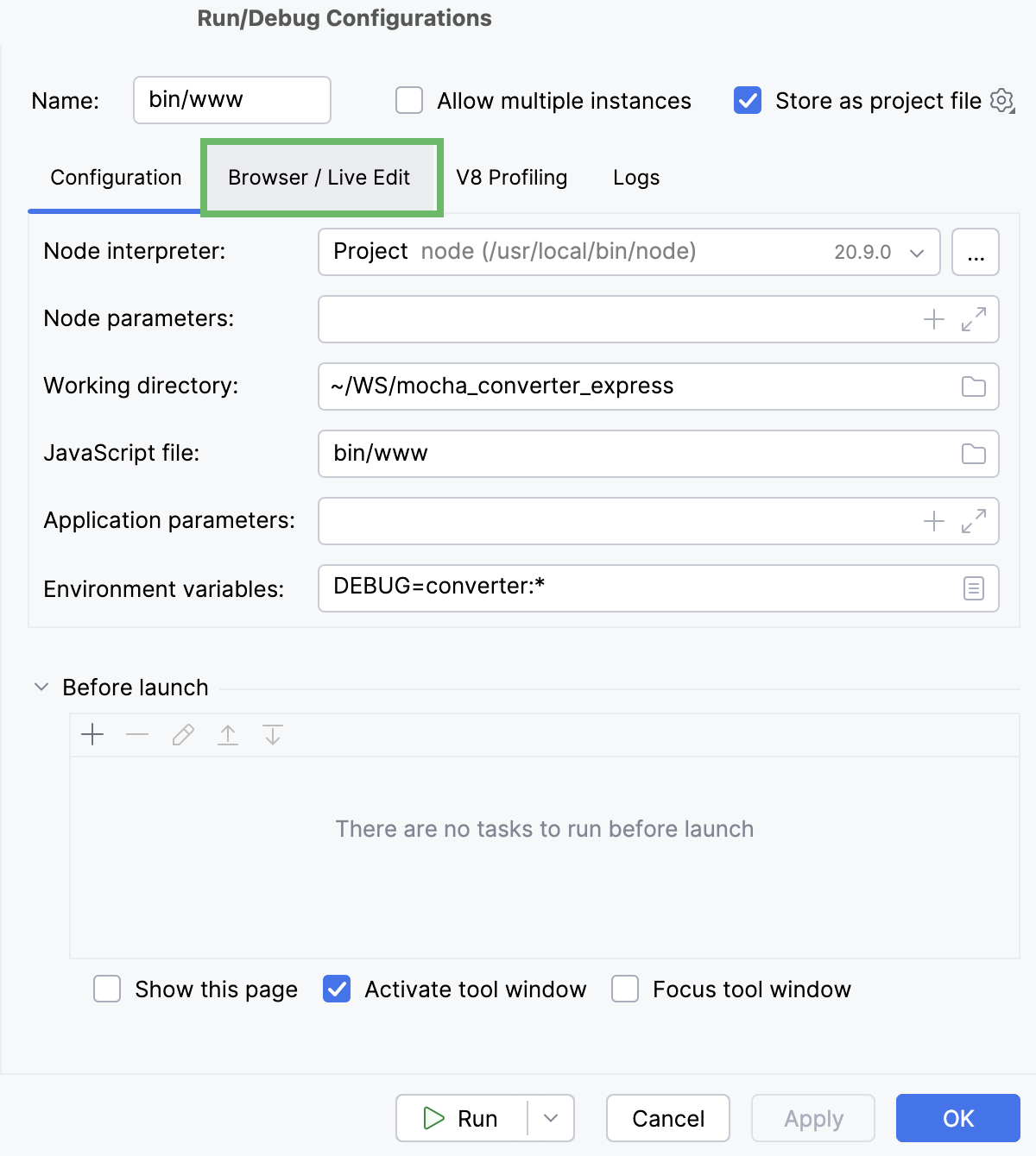 Run/Debug configurations: Node.js dialog, switch to the Browser/Live Edit tab