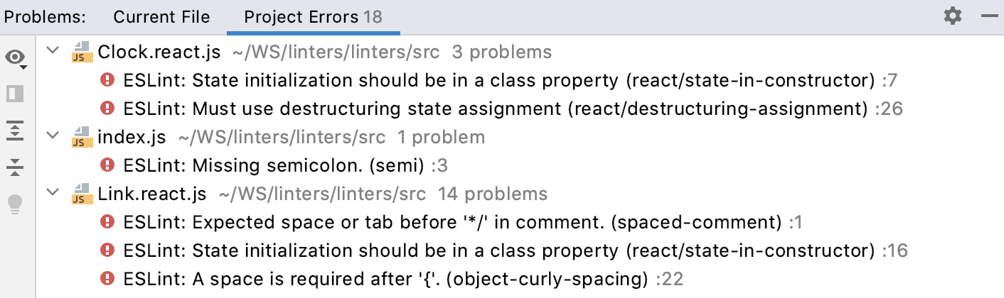 Problems tool window, ESLint. Project Errors tab shows syntax errors in previously opened files across the project