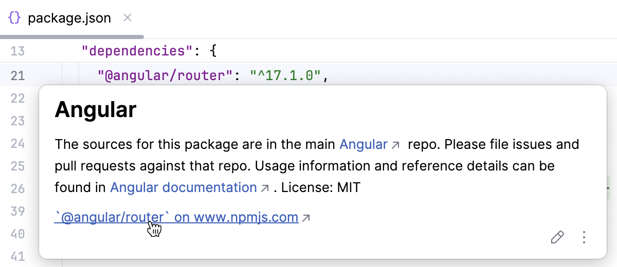 Quick Doc for an npm package is opened from a package.json