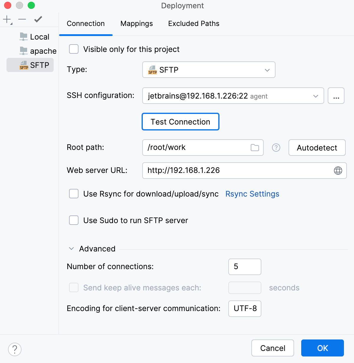 Create remote server: SFTP connection