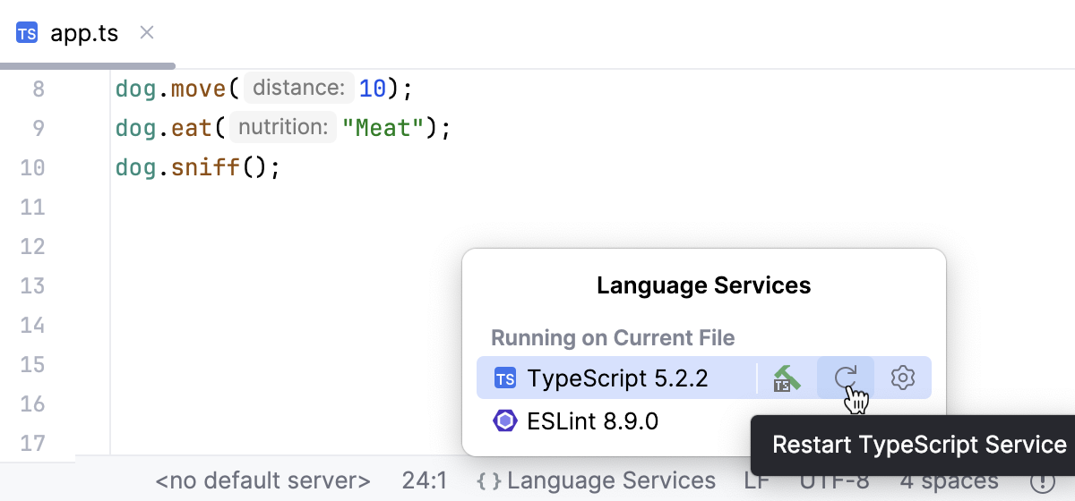 TypeScript widget on the Status bar: restart the TypeScript Language service