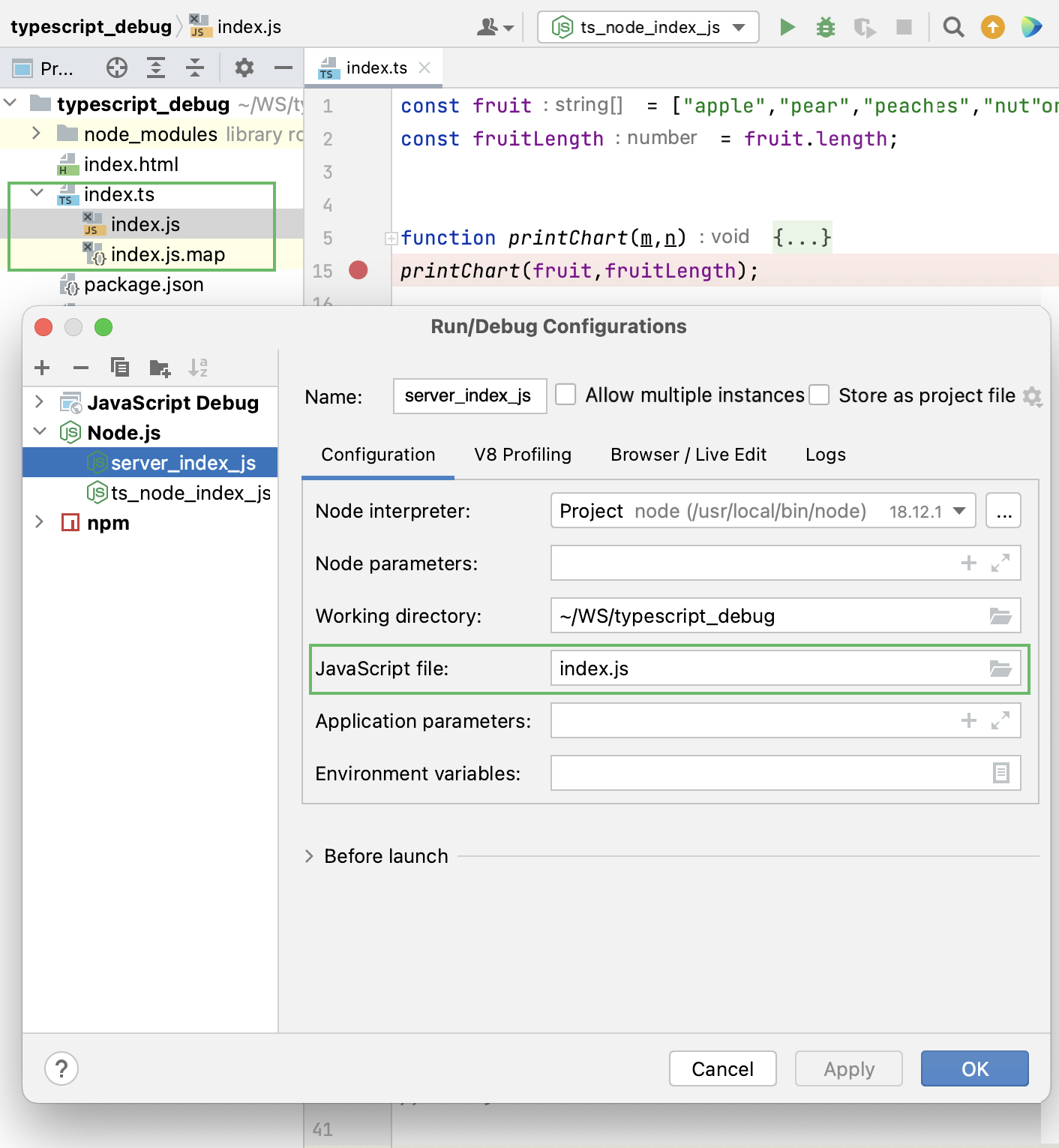 Node.js run/debug configuration for running and debugging server-side TypeScript