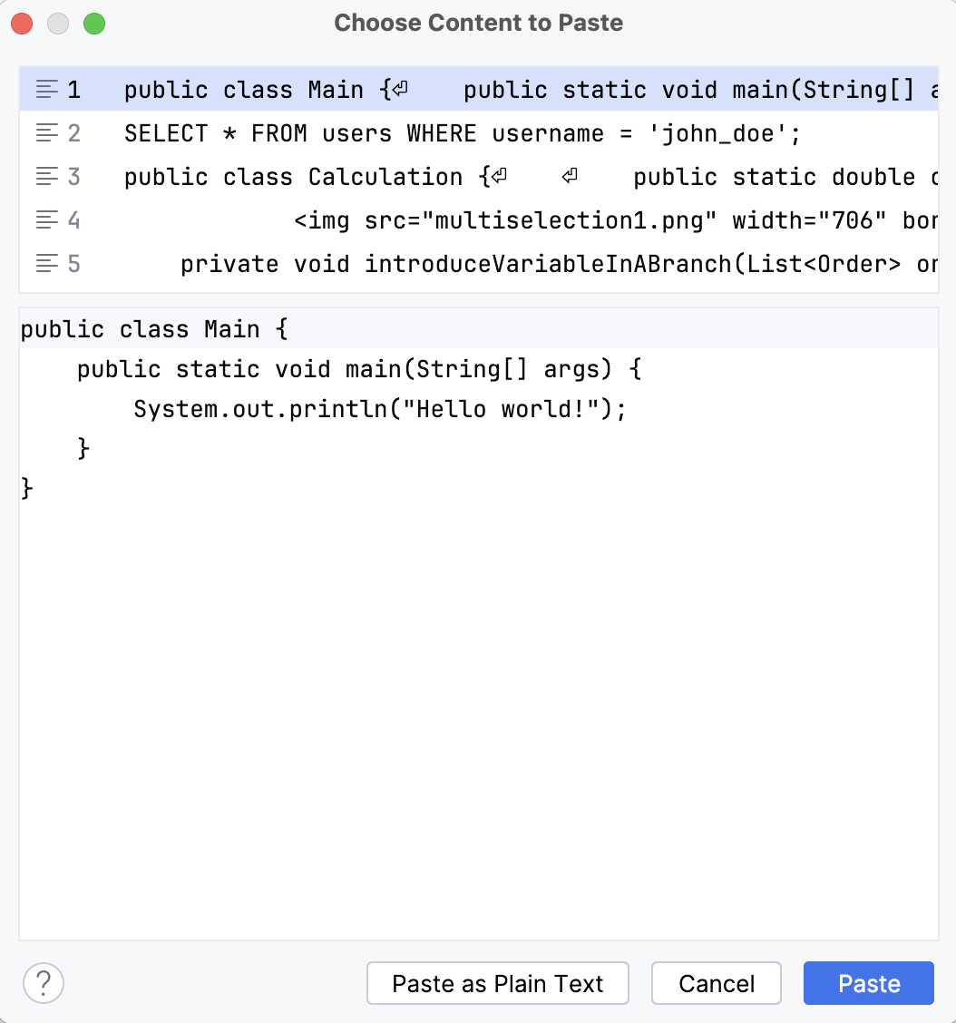 Dialog to paste from clipboard history