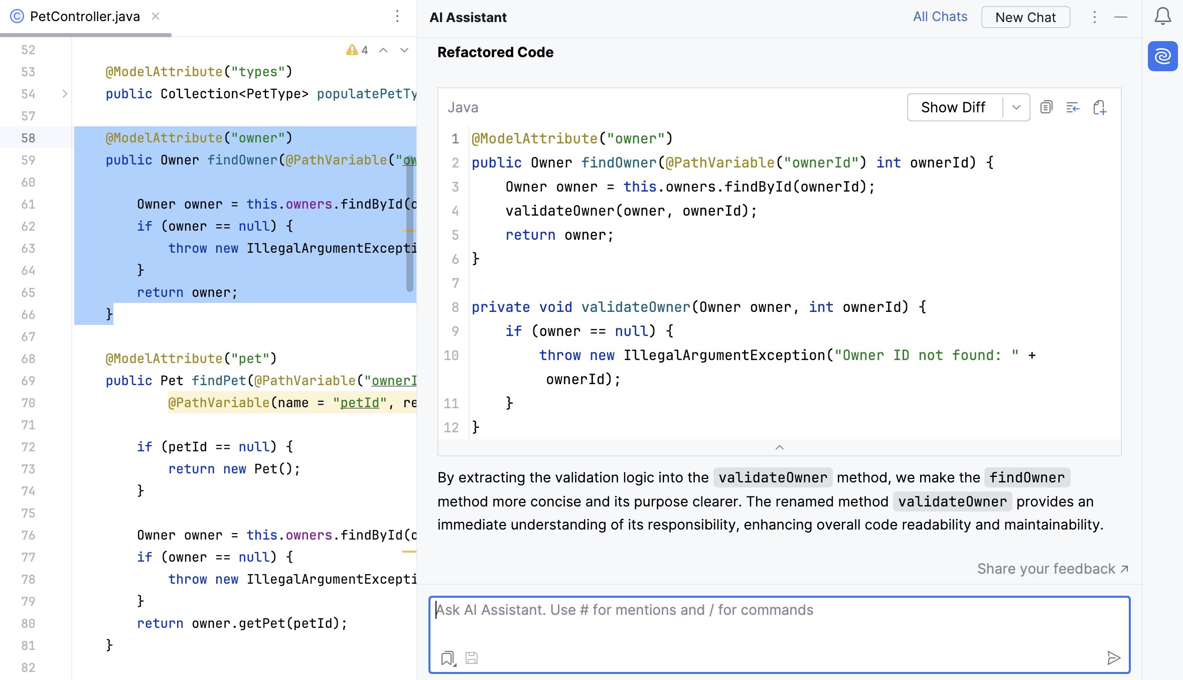 IntelliJ IDEA: AI Assistant suggests refactoring