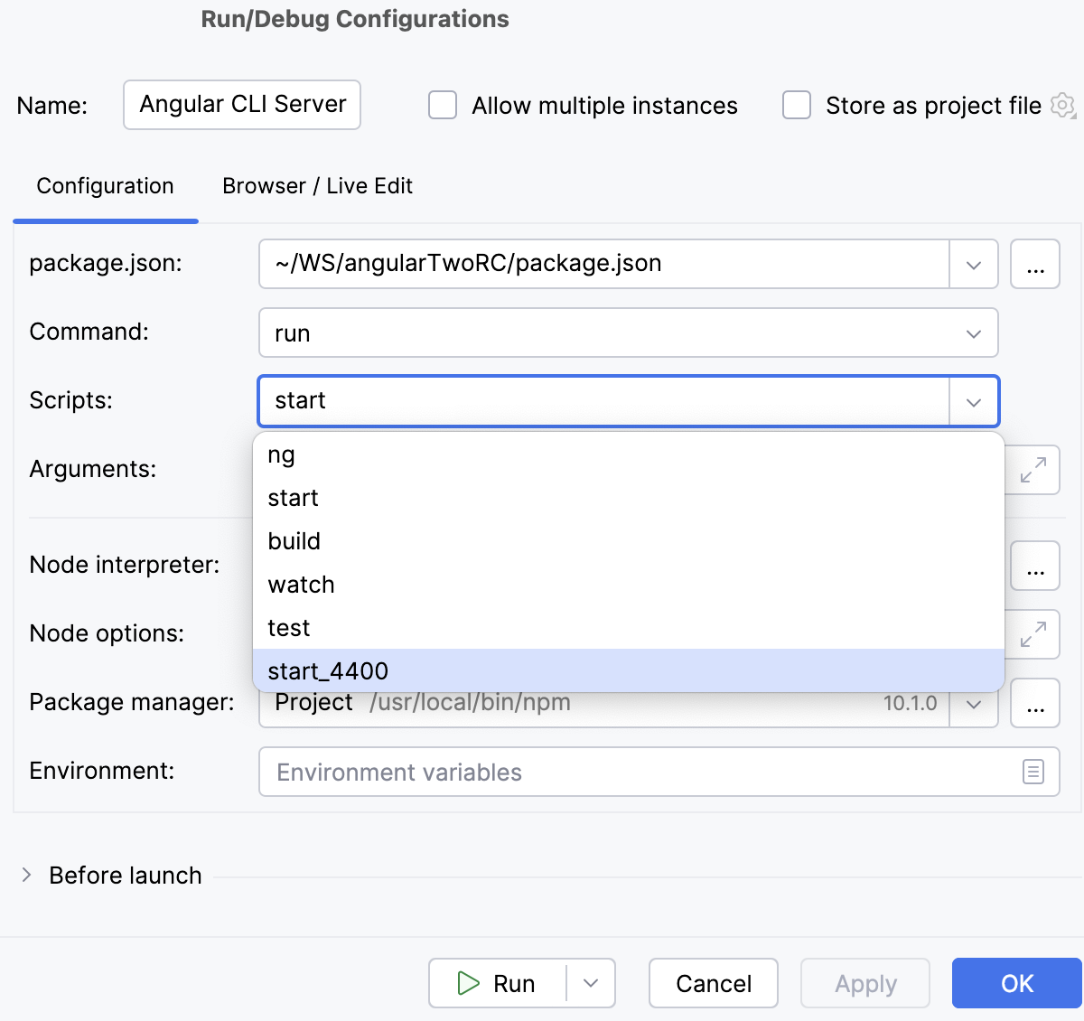 npm run/debug configuration