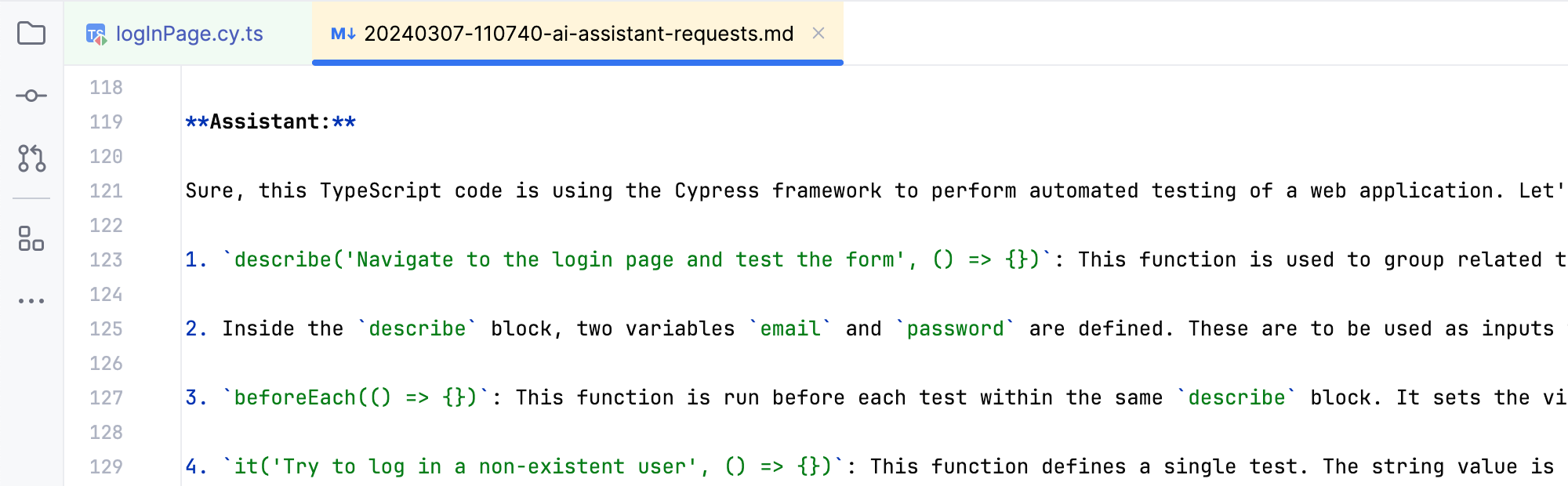 File with AI Assistant requests log