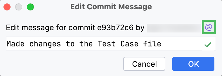 Dialog with an old commit message and the AI Assistant icon