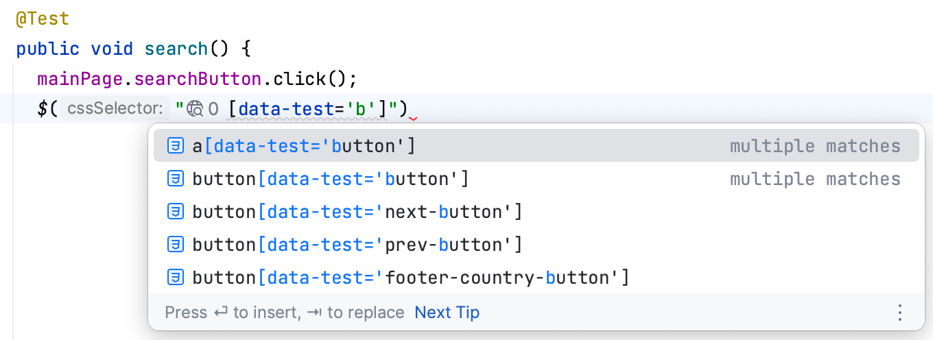 Code completion for CSS and XPath locators