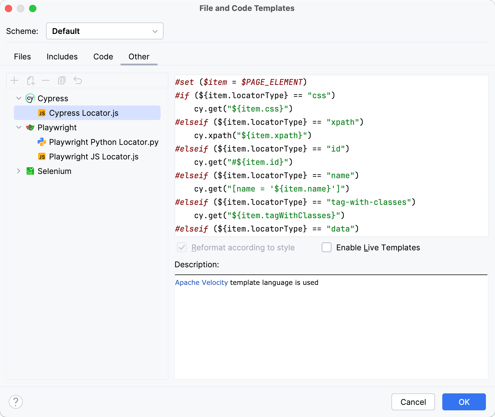 The File and Code Templates dialog