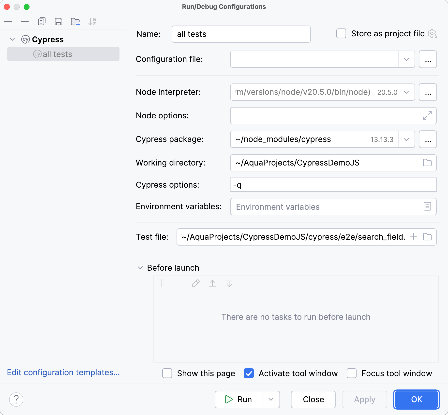 Managing test run configuration