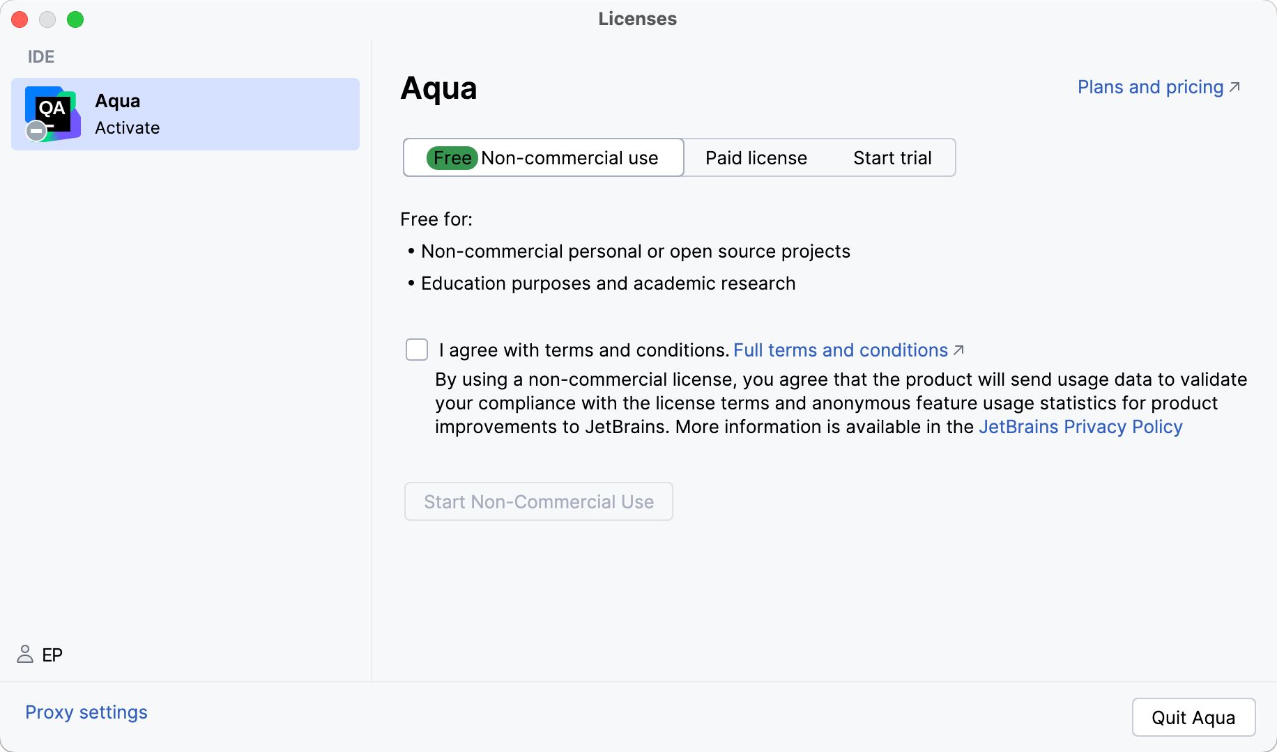 Aqua: The Licenses dialog with the option to activate a free license