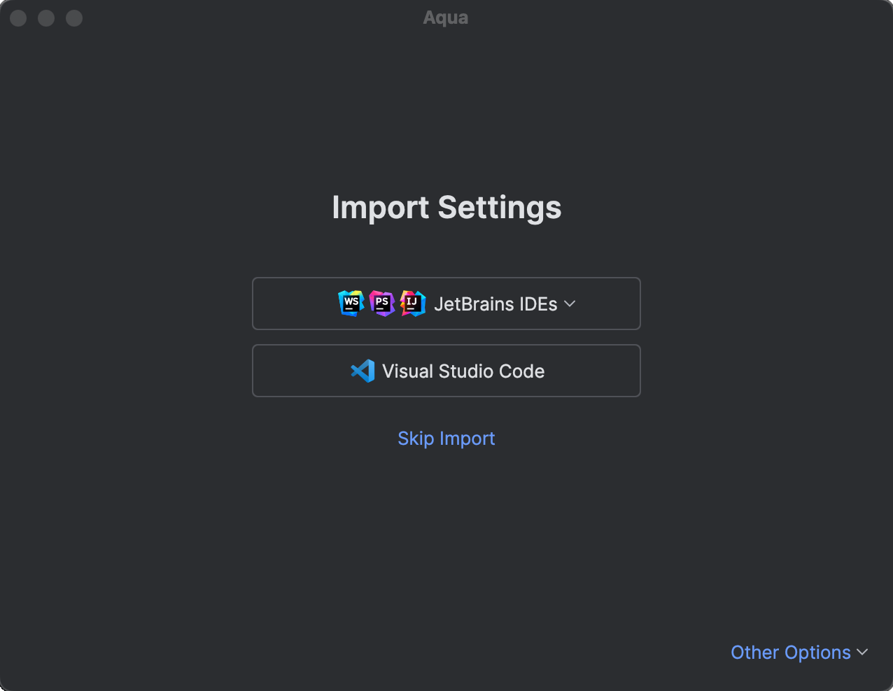 The Import Settings dialog with the cursor on the Visual Studio Code button