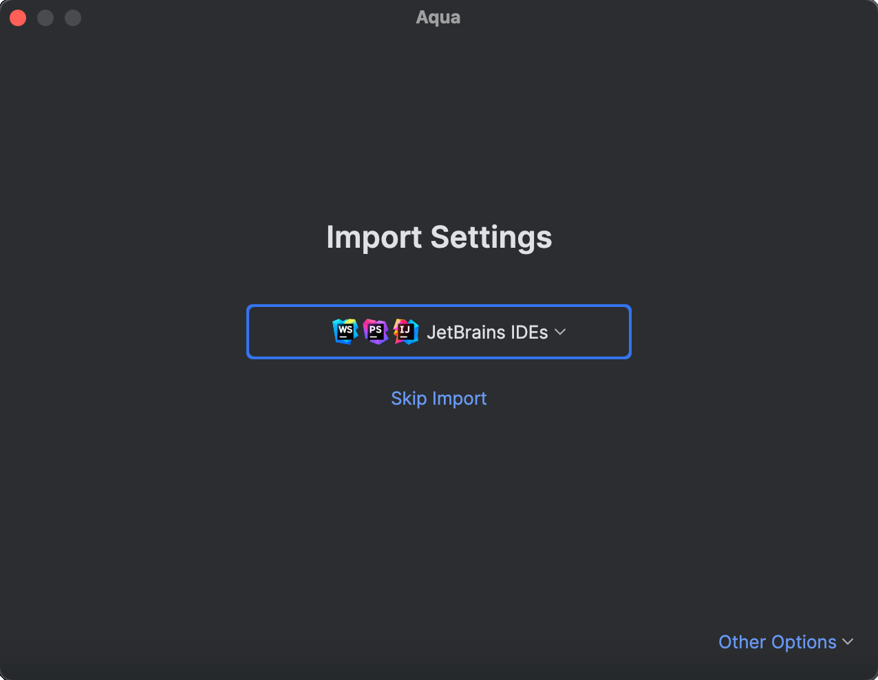 The Import Settings dialog with the opened drop-down list