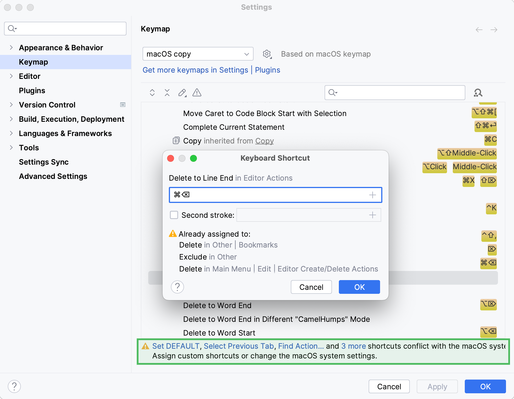 Adjust conflicting shortcuts