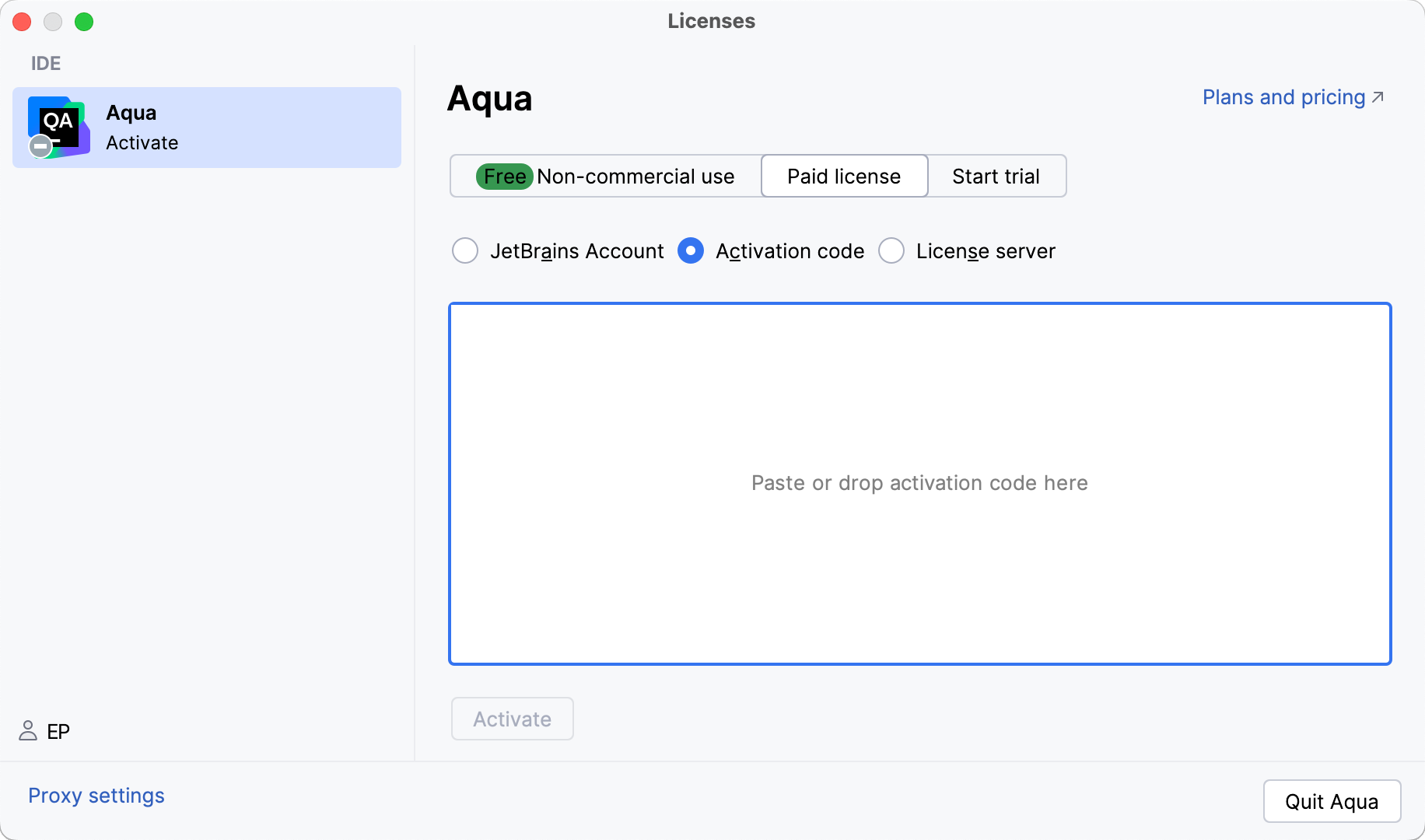 Activate Aqua license with an activation code