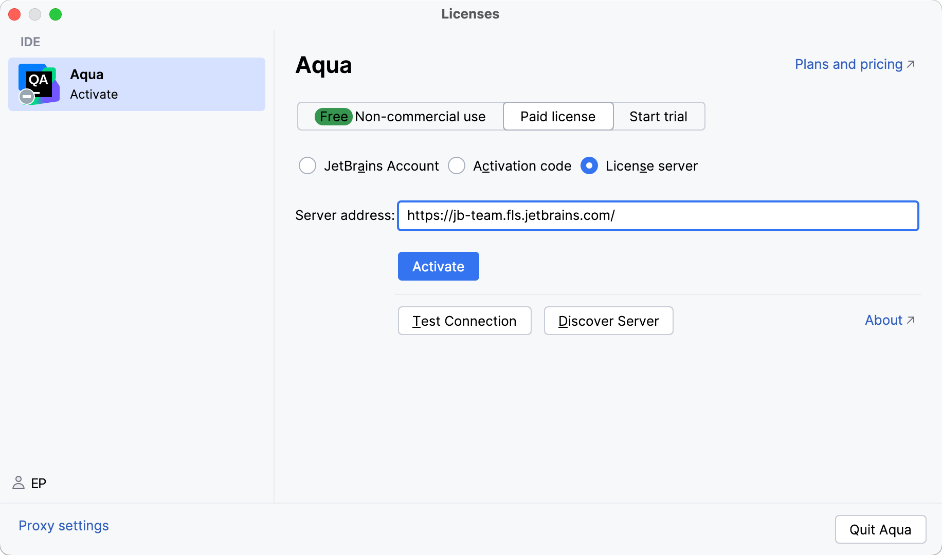 Activate Aqua license with a license server