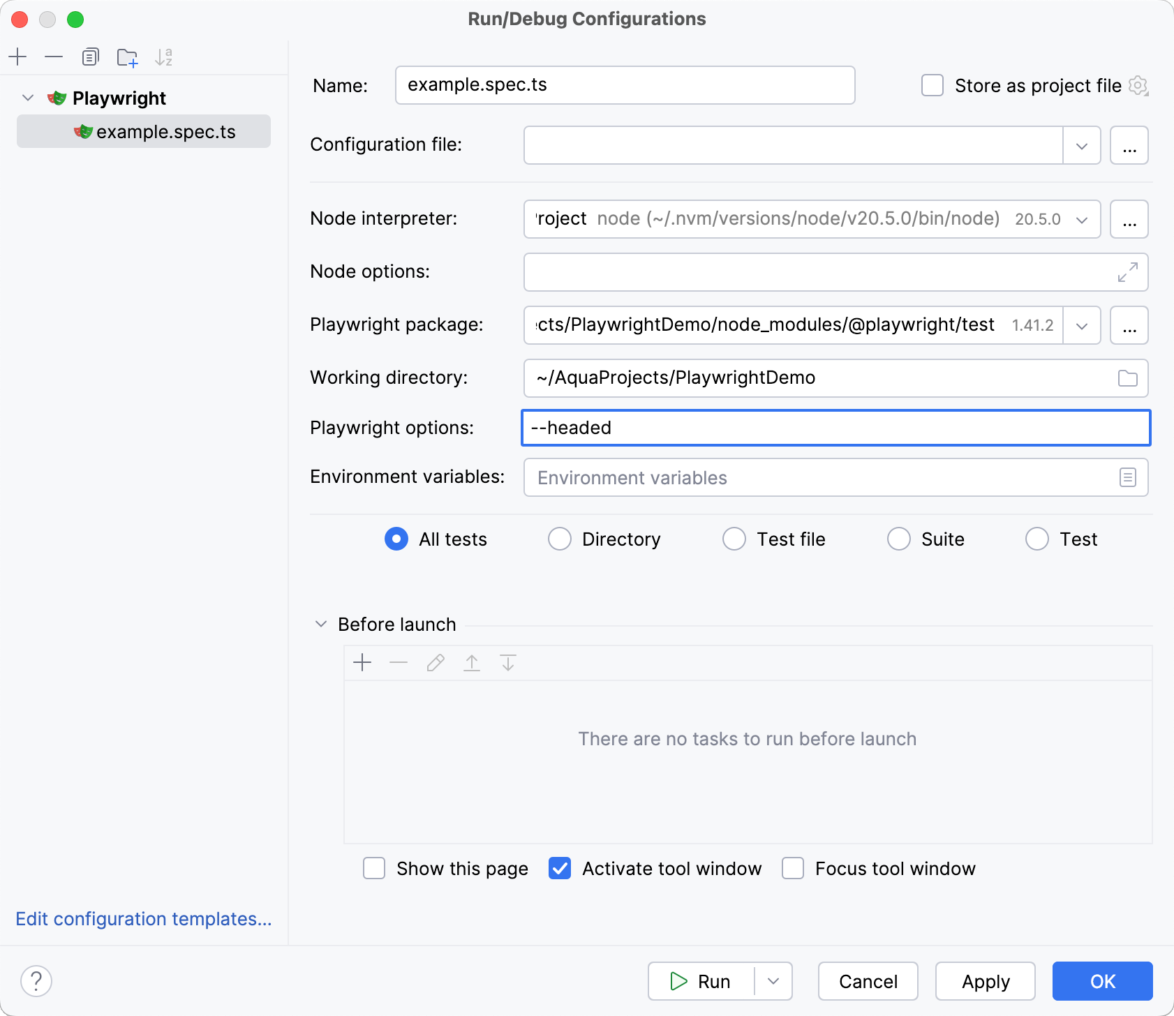 Configuring run/debug configuration to run tests in headed mode