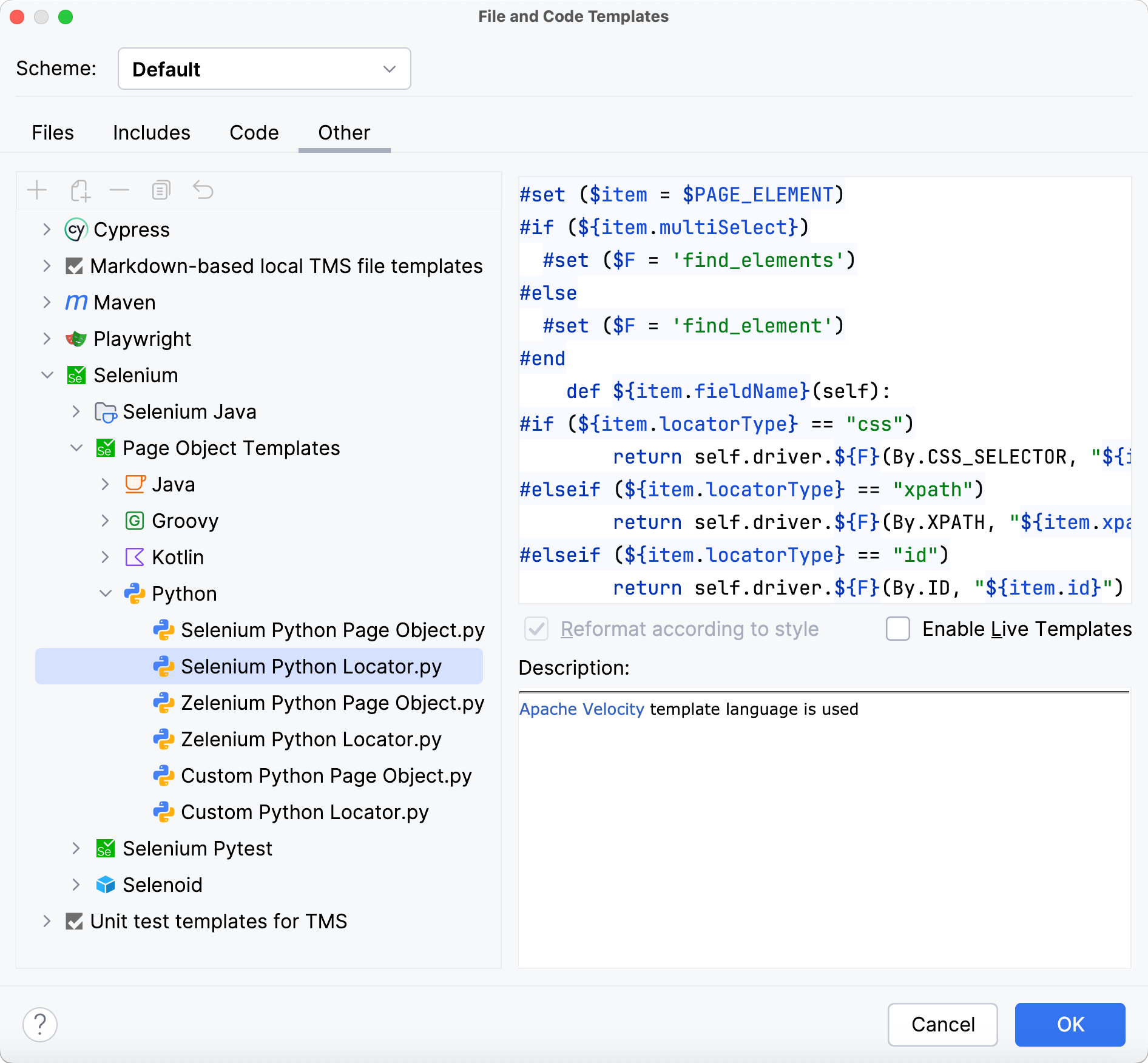 The File and Code Templates dialog