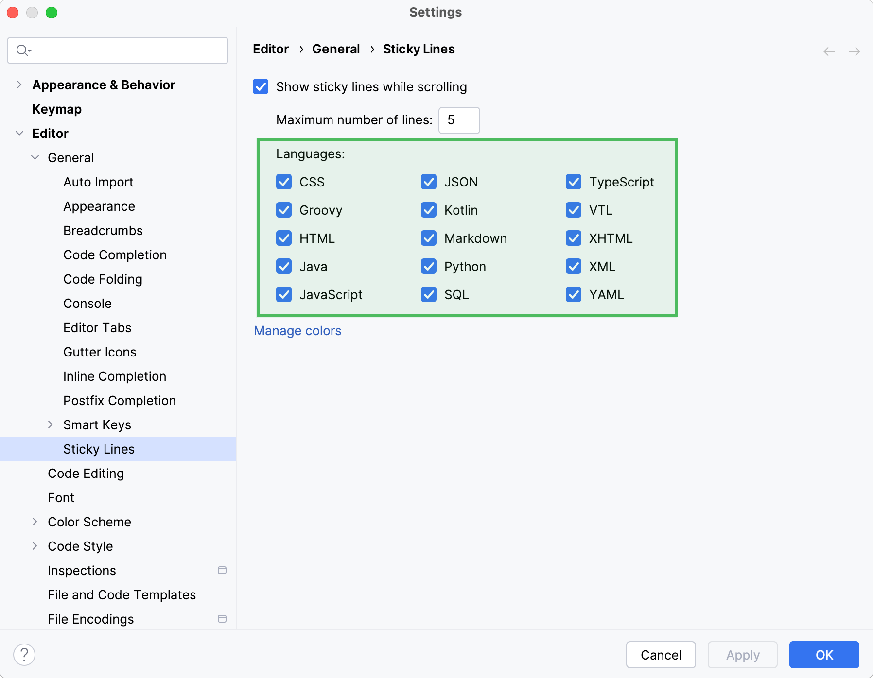 Disable sticky lines for specific language