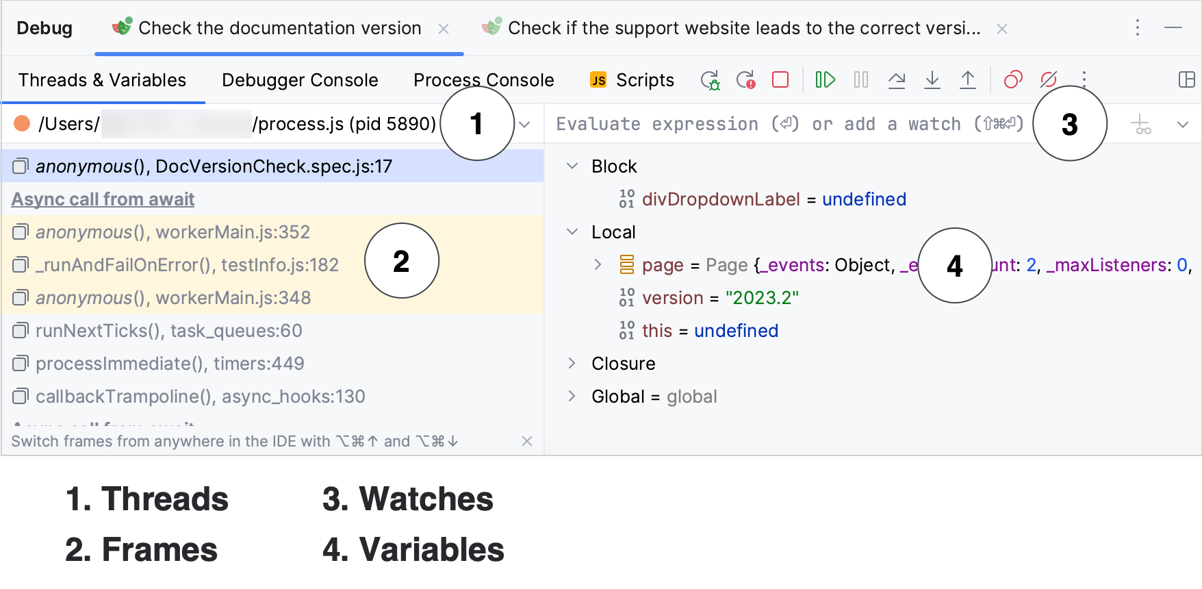 Threads & Variables tab