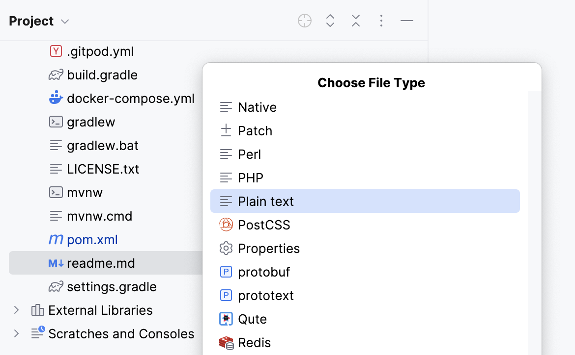 Changing file type from Project tool window