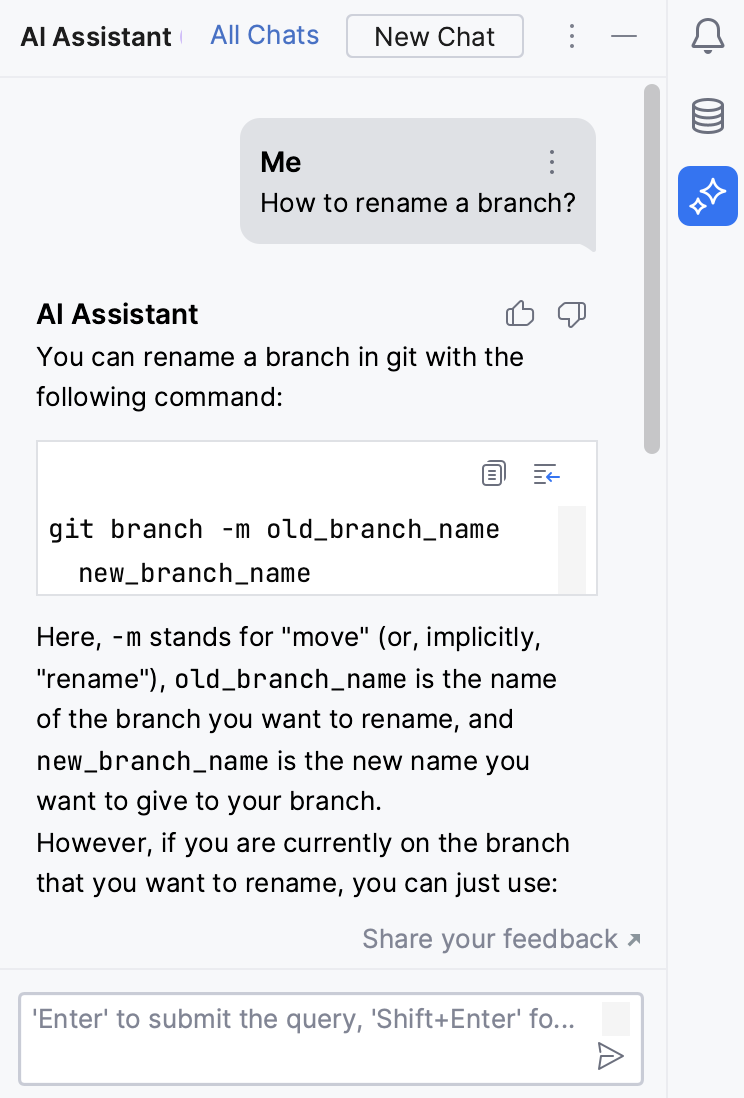 CLion: Asking AI Assistant programming-related questions