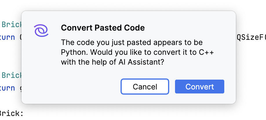 Convert Pasted Code dialog