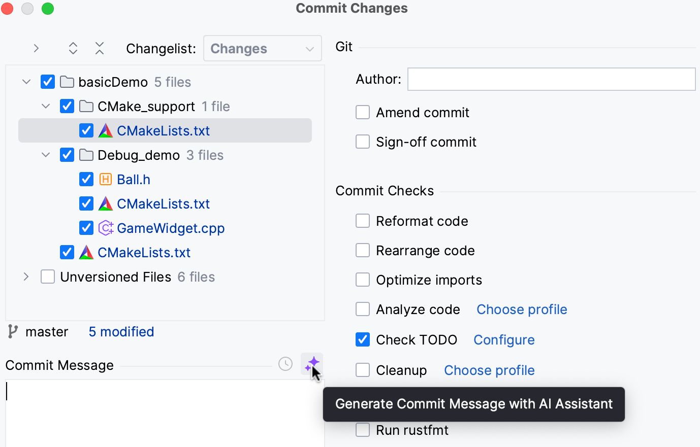 CLion: AI Assistant generates commit messages