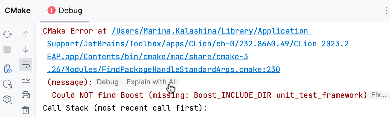 Explain with AI for CMake errors