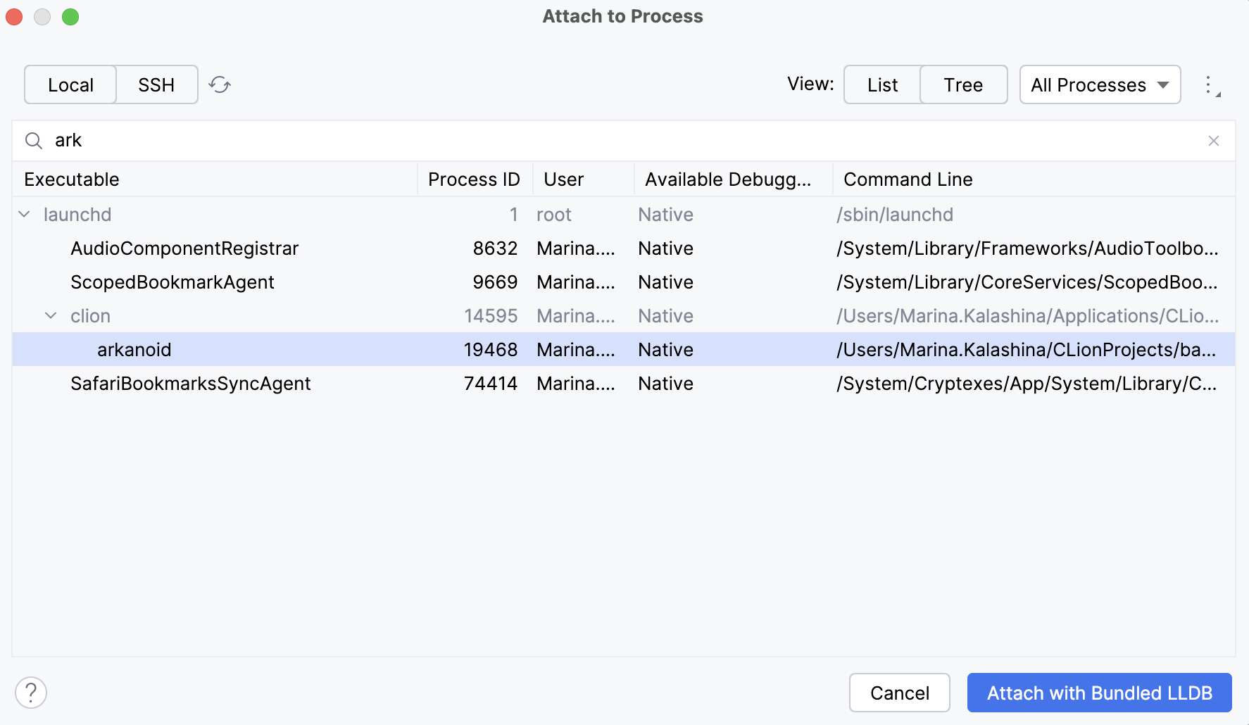 Searching in the Attach to Process dialog