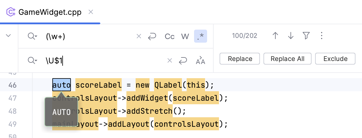 Switch to the uppercase character example