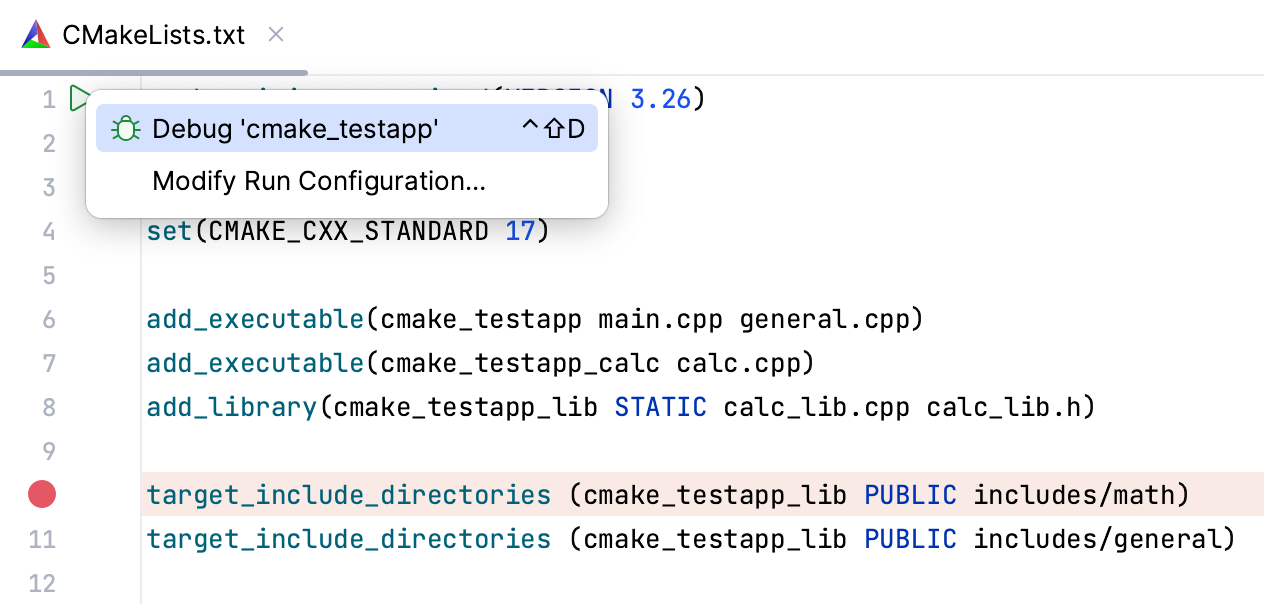 Starting a CMake debug session from gutter
