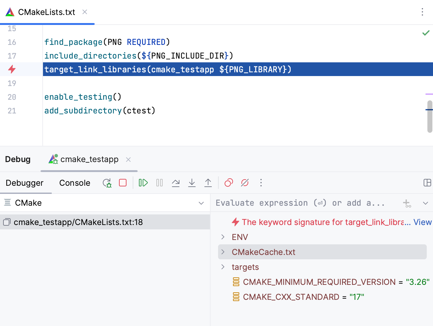 Debug session started from the CMake tool window