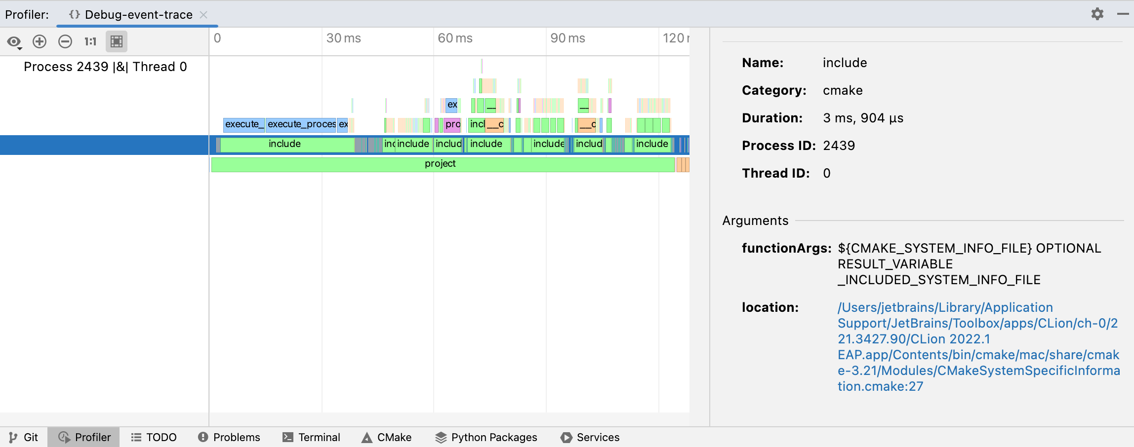 CMake profiling tool window