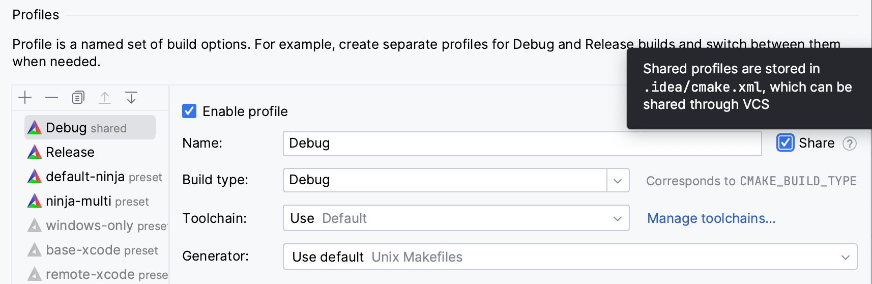 Shared CMake profile