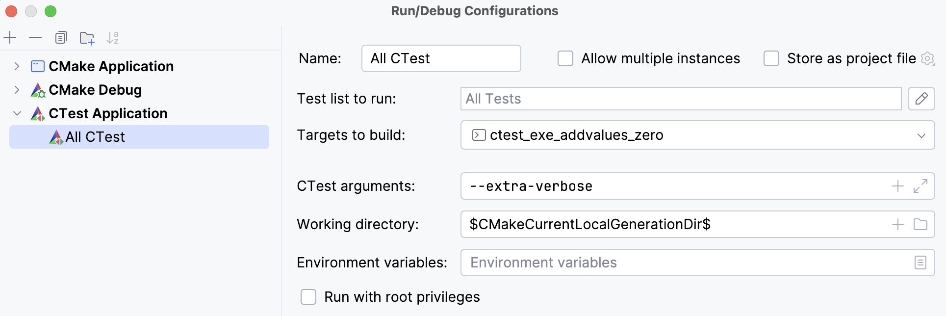 CTest configuration—changing the target